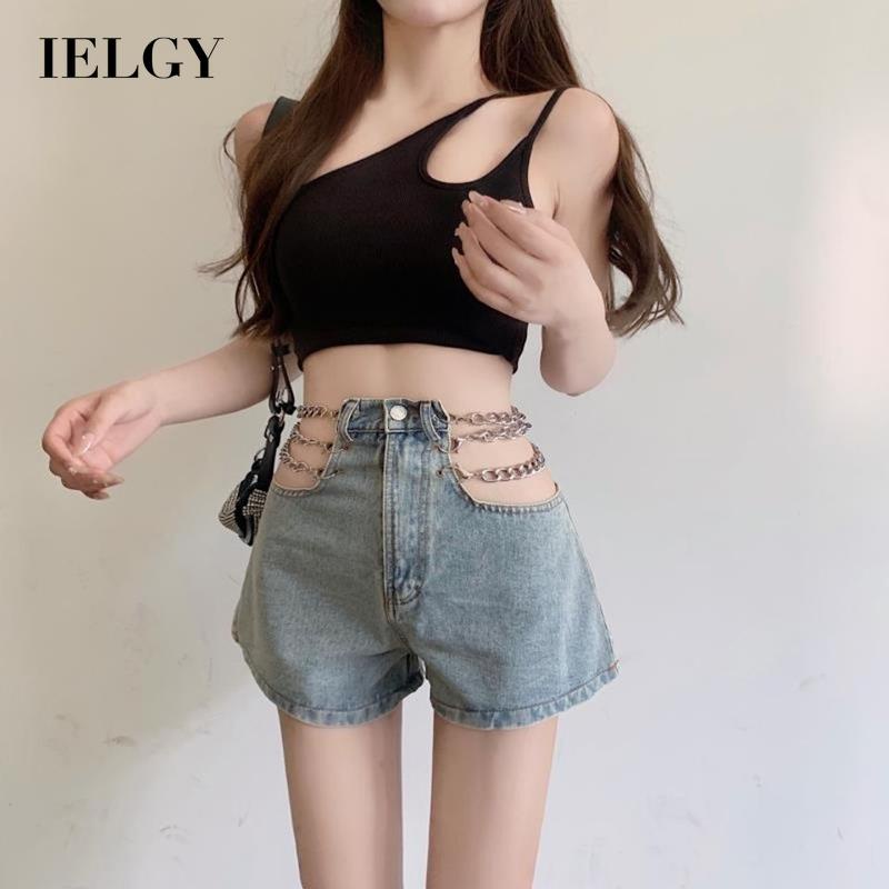 IELGY    Quần Short denim Lưng Cao Ống Rộng Thiết Kế Đục Lỗ Phối Dây Xích Thời Trang Cá Tính Cho Nữ