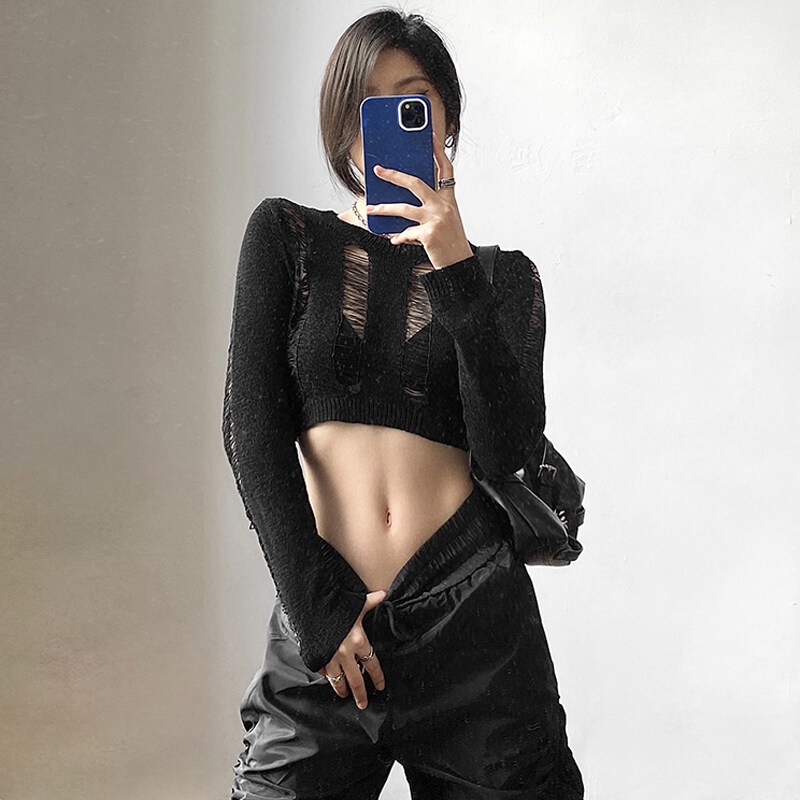 Kliou 2023 Áo Dệt Kim Tay Dài Dáng Rộng Khoét Lỗ Rỗng Thiết Kế Đơn Giản Thoáng Khí Thời Trang Mới 2023