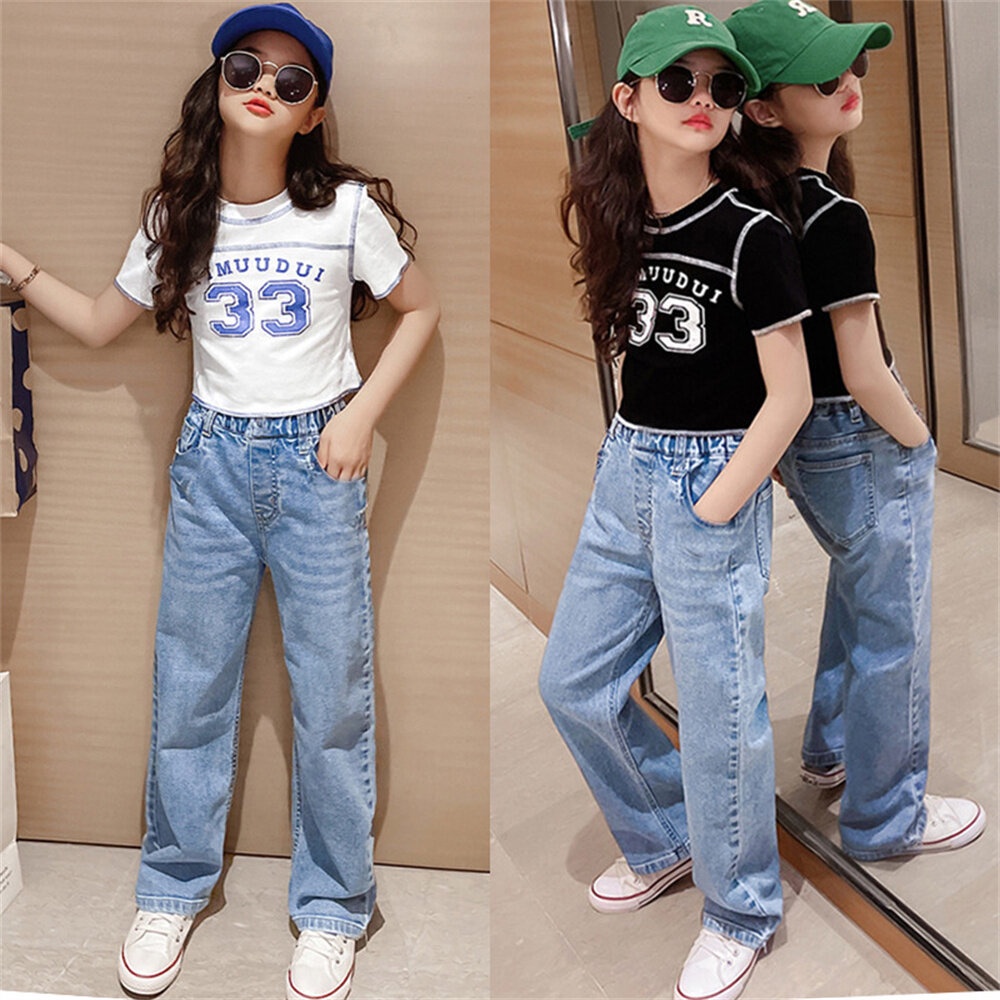 Set Áo Thun Ngắn Tay + Quần Jeans Ống Rộng Lưng Cao Thời Trang Cho Bé Gái