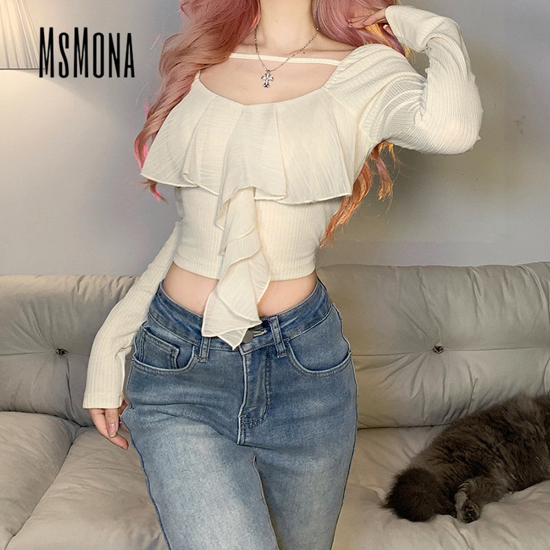 MsMona Áo Thun Tay Dài Cổ Vuông Màu Trơn Dáng Ôm Thời Trang 2023 Cho Nữ
