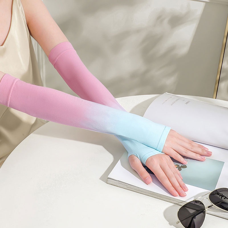 Găng Tay Dài Hở Ngón Vải Lạnh Co Giãn Màu Sắc Gradient Dành Cho Nữ