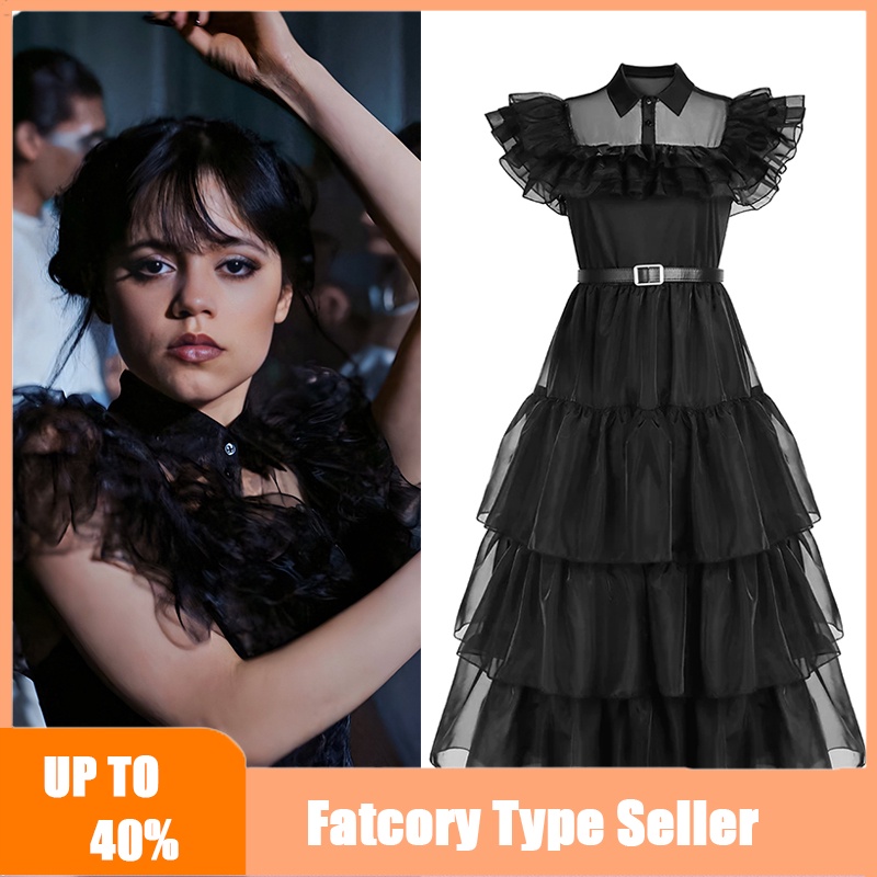 Đầm Hóa Trang Nhân Vật Addams Màu Đen Cho Bé Gái