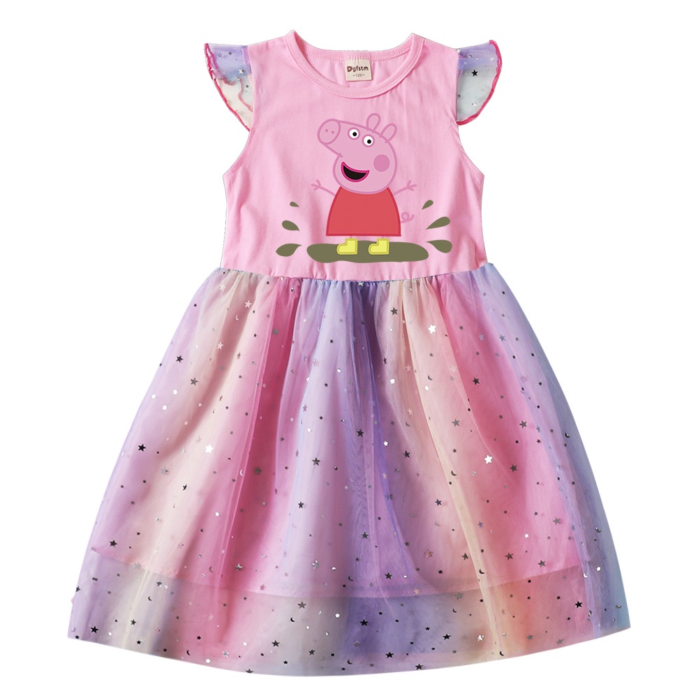 Đầm Cotton + Sequin + Áo Thun Tay Ngắn Cổ Tròn Họa Tiết Hoạt Hình Peppa Cho Bé Gái