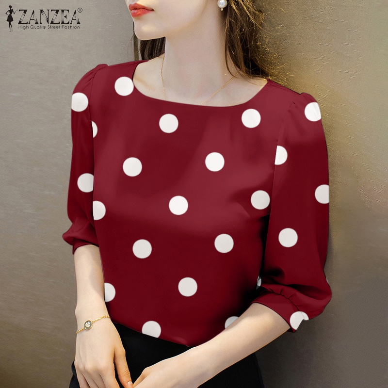 ZANZEA Áo Kiểu Cổ Vuông Họa Tiết Chấm Bi Phong Cách Hàn Quốc Thời Trang Cho Nữ