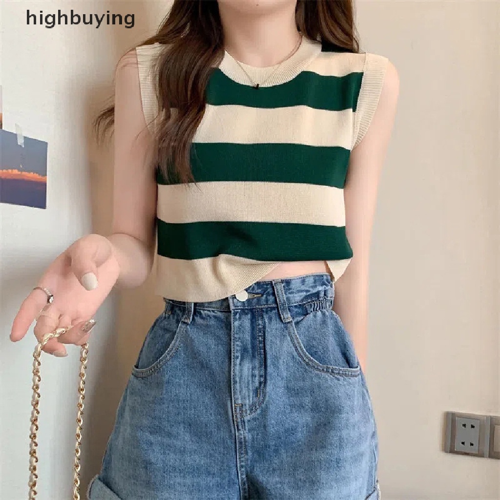 Áo Lửng Không Tay Họa Tiết Sọc Ngang Thời Trang Dành Cho Nữ