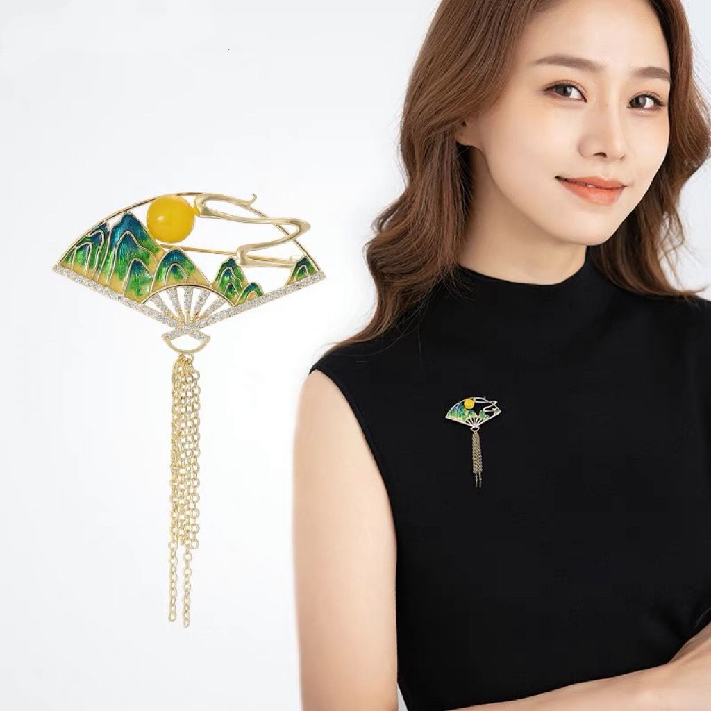 Ghim Cài Áo Hình Quạt Wanli Heshan Cao Cấp Thiết Kế Tua Rua Rỗng Chống Chói Chống Chói Phụ Kiện Hán Phục