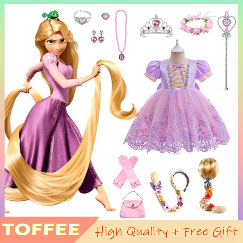 Đầm Công Chúa Rapunzel Phối Ren Lưới Đính Kim Sa Màu Tím Thời Trang Cho Bé Gái