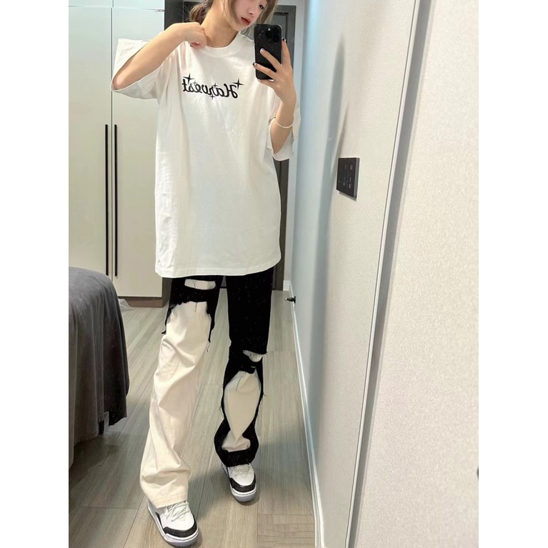 Quần Yếm Denim Dáng Suông Rộng Lưng Cao Màu Tương Phản Thời Trang Xuân Hè Mới Cho Nữ