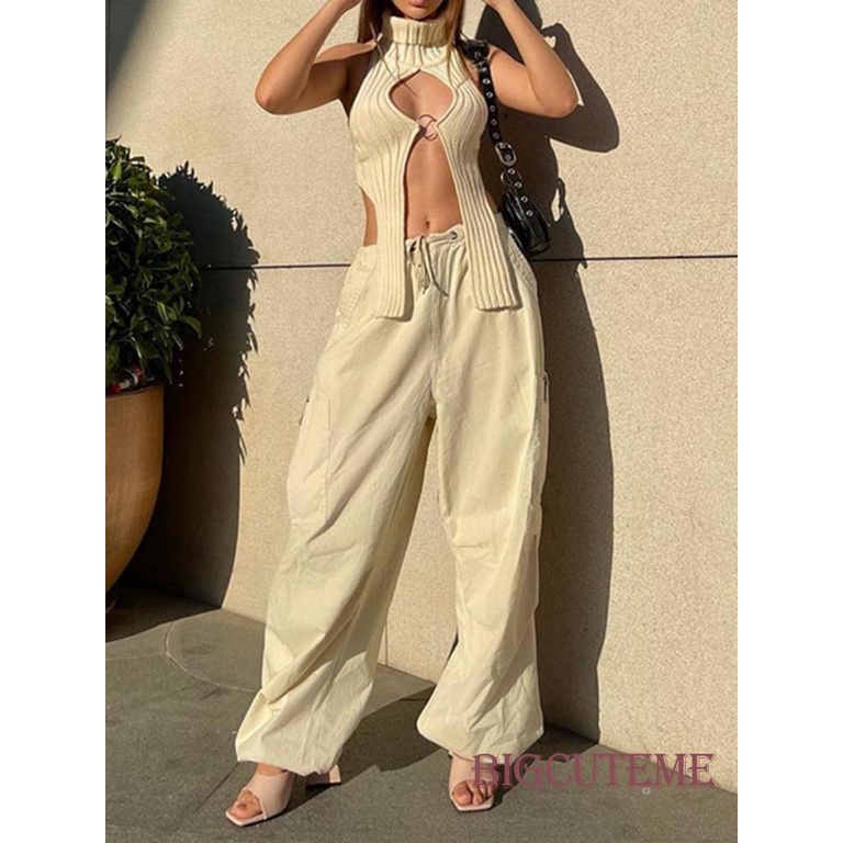 [] - Áo Vest Dệt Kim Màu Trơn Cổ Cao Không Tay Xẻ Tà Phía Trước Viền Kim Loại Cho Nữ