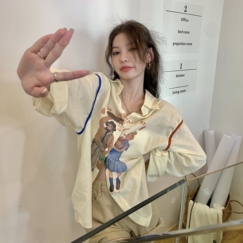 IELGY Áo Sơ Mi Tay Dài In Họa Tiết Hoạt Hình Phong Cách Hàn Quốc Cho Nữ
