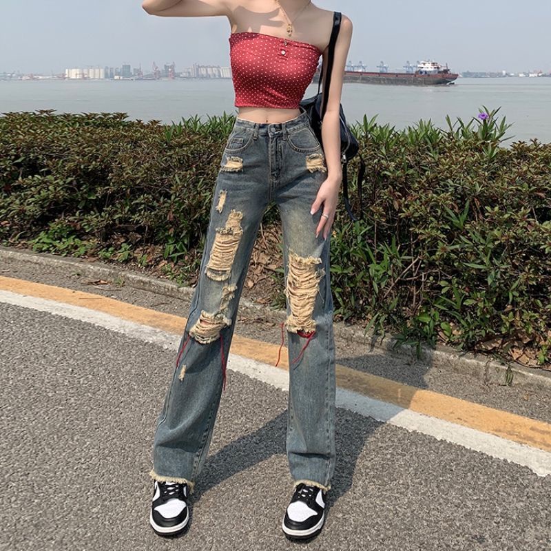 Jiashucheng Quần Jean Nữ Cạp Cao Ống Rộng Rách Gối Phong Cách Retro Mùa Thu Mới Dễ Phối Đồ Raw Edge