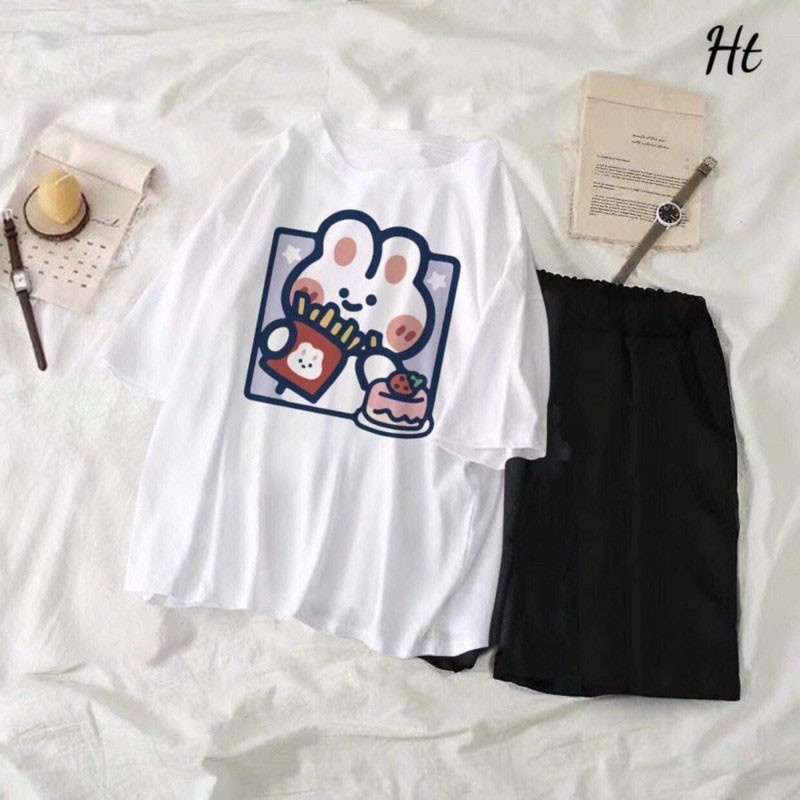 HÀNG ĐẸP: Sét Bộ Đồ Nam Nữ DVGIT FASHION Hoạt Hình Cartoon In Thỏ Ăn Vặt Mix Quần Đùi Phong Cách Hàn Quốc