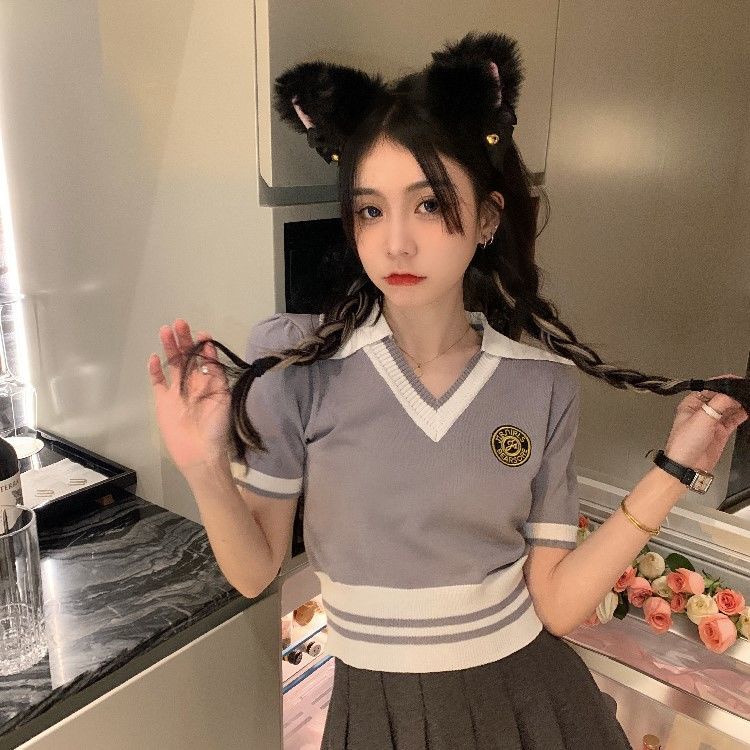 áo croptop len dệt kim tay ngắn kiểu cổ polo dáng ôm thời trang mùa hè 2023 phong cách mới