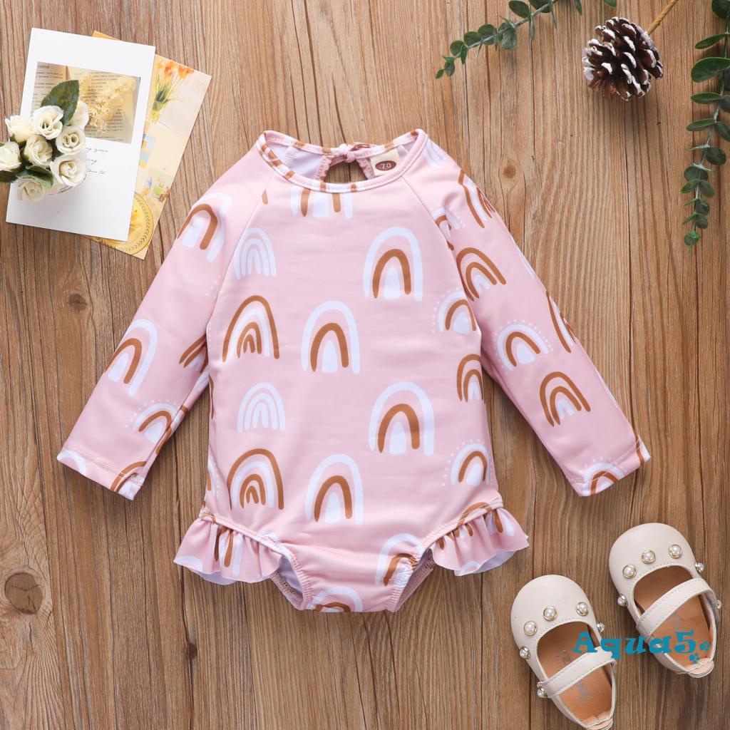 Bộ Đồ Bơi Liền Thân Tay Dài Cổ Tròn In Họa Tiết Cầu Vồng Cho Bé Gái 0-3 Tuổi