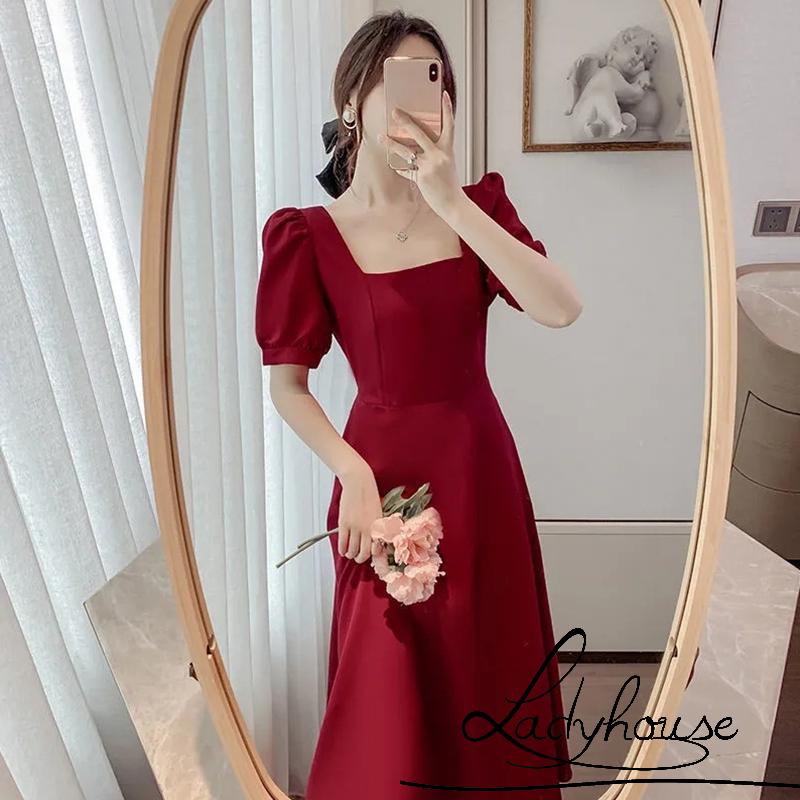 Đầm Dài Dáng Chữ A Tay Ngắn Cổ Vuông Màu Trơn Thời Trang Mùa Hè Cho Nữ