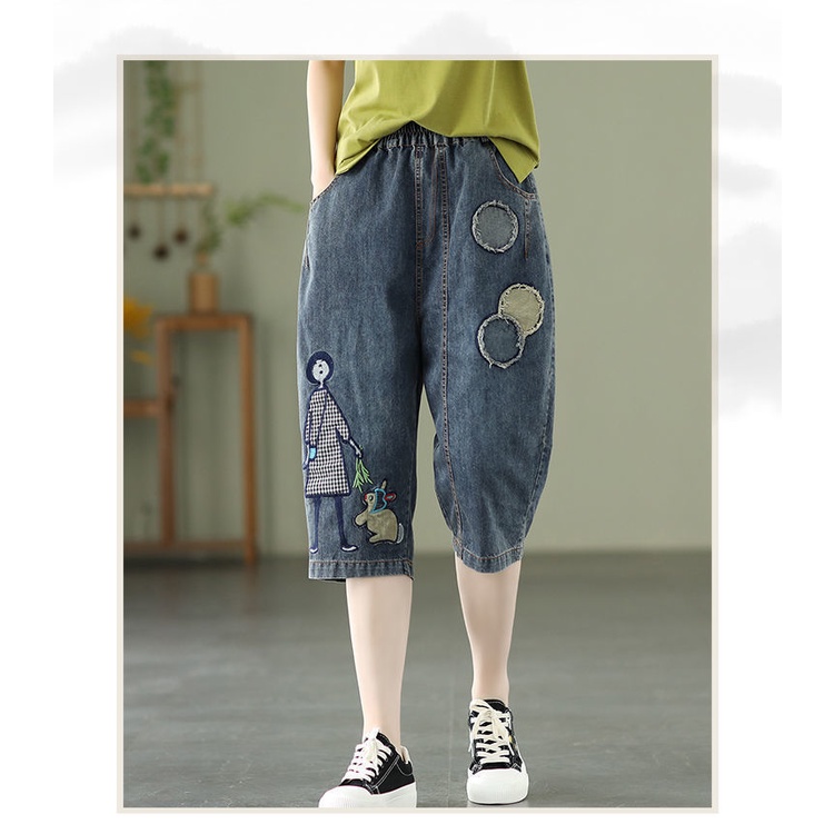 Quần Jeans Lửng Lưng Thun Thêu Họa Tiết Hoạt Hình Thời Trang Mùa Hè Cho Nữ