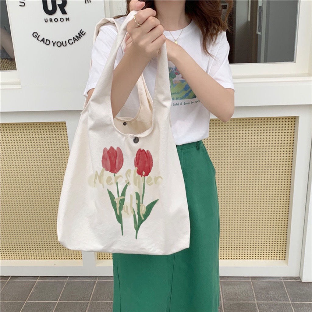 Túi Tote Vải Canvas Đi Học Cành Hoa TULIP Phong Cách Hàn Quốc MTT0336