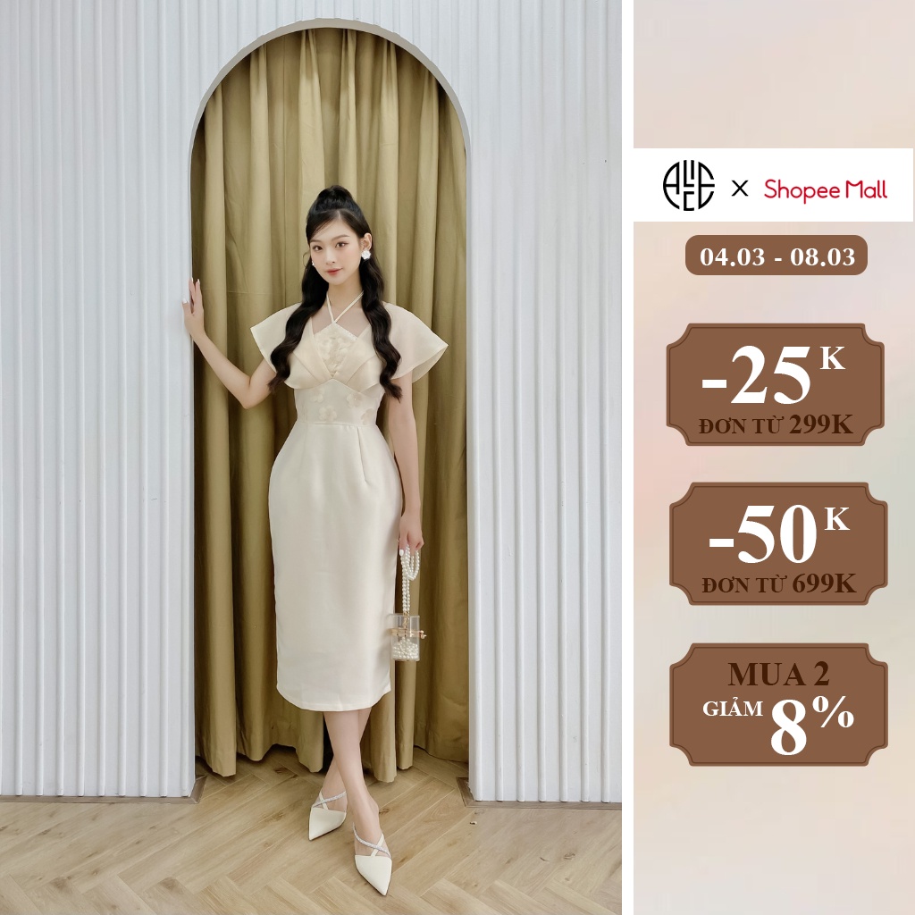 Váy Tiểu Thư Cổ Yếm Đính Hoa Nổi Phối Tơ Óng ALICE Thiết Kế Dáng Váy Bút Chì Dịu Dàng Sang Chảnh CHất Vải Mềm Mịn V868