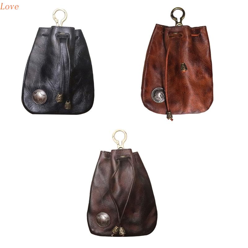 Ví Đựng Tiền Xu / Chìa Khóa Xe Hơi Bằng Da Bò Có Dây Rút Tiện Dụng