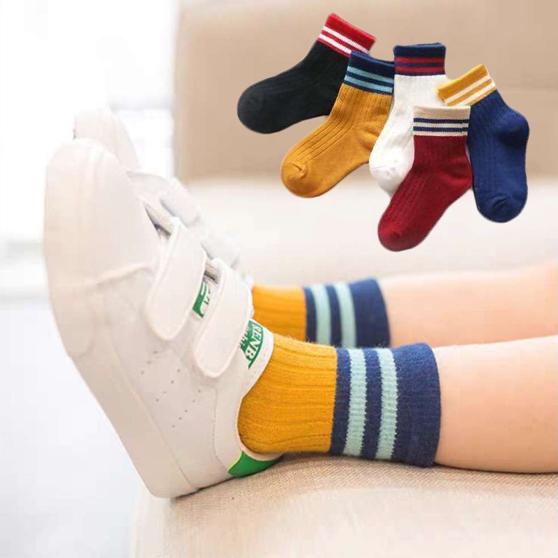 Set 5 Đôi Tất Thể Thao Chất Liệu Cotton Mềm Mại Co Giãn Hoạ Tiết Kẻ Sọc Dành Cho Bé Trai Và Bé Gái