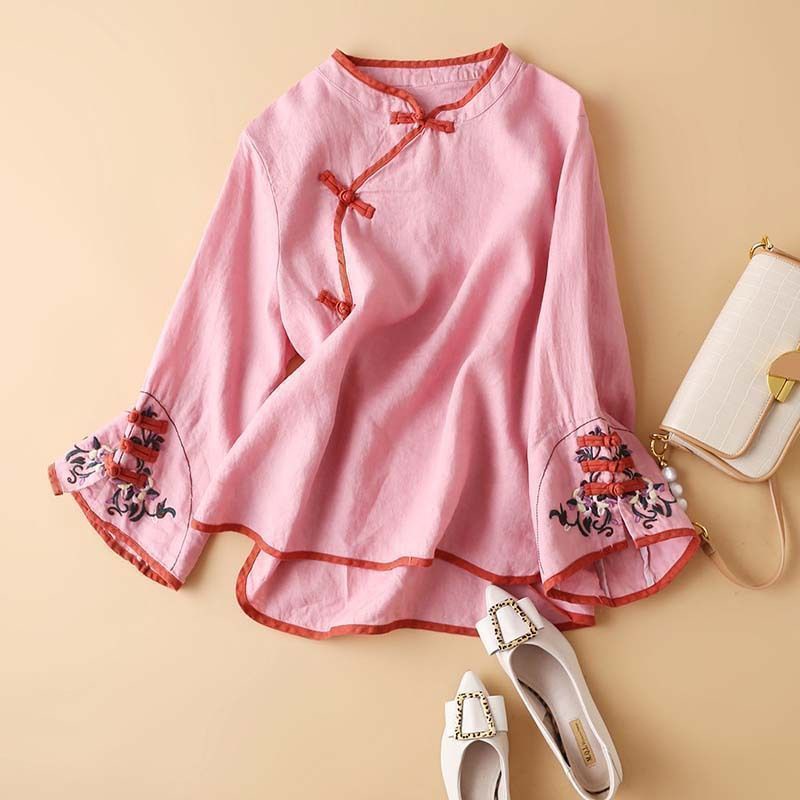 Áo Sơ Mi Vải Lanh Cotton Dáng Rộng Cài Khóa Thêu Hình Đĩa Kiểu Vintage