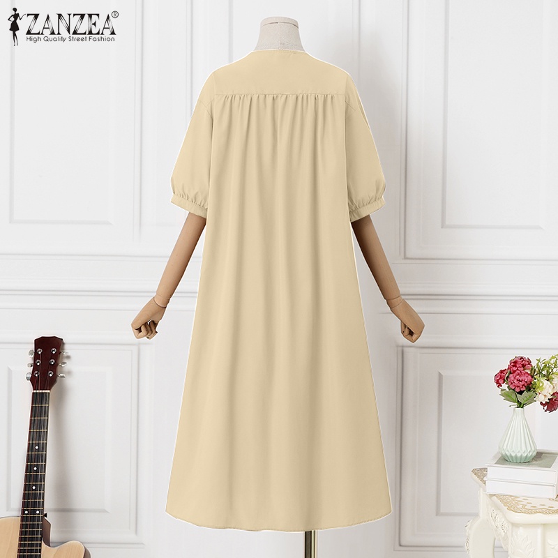 Áo sơ mi ZANZEA tay lỡ 3 / 4 cổ tròn phối túi thời trang cho nữ