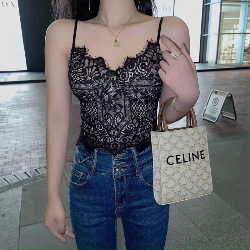 Áo Hai Dây Cúp Ngực Bằng Da Phối Ren Ôm Ngực Phong Cách Pháp Thanh Lịch Gợi Cảm