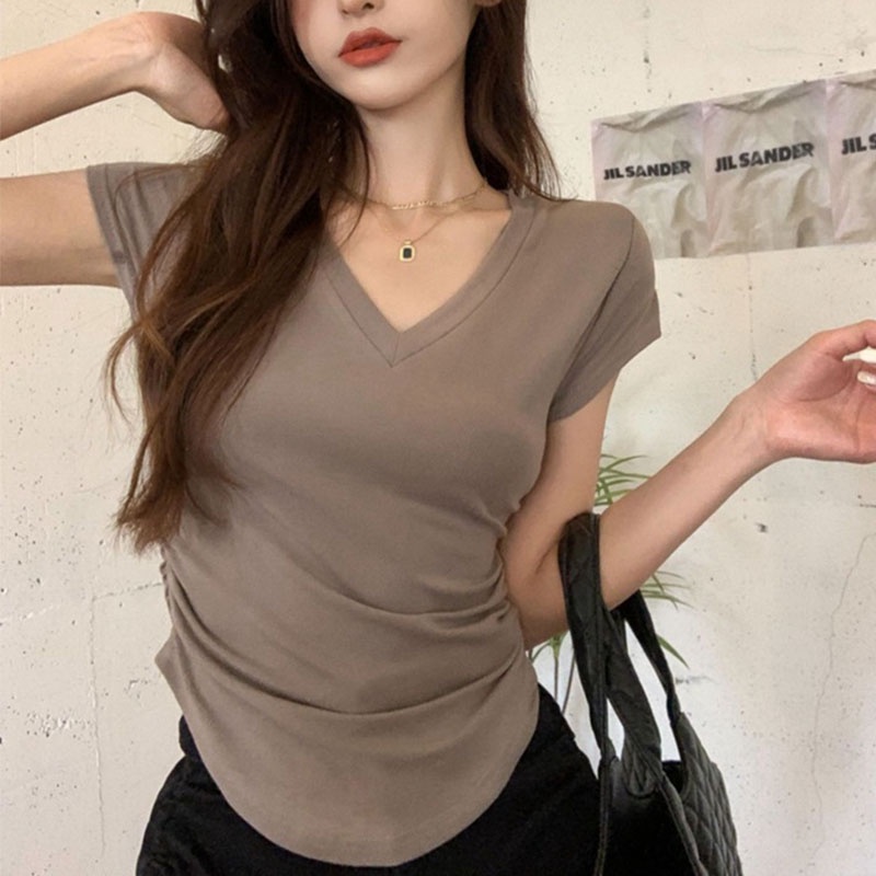 Áo Thun Cổ Chữ V Thiết Kế Đơn Giản Quyến Rũ Thời Trang Theo Phong Cách Hàn Quốc Cho Nữ