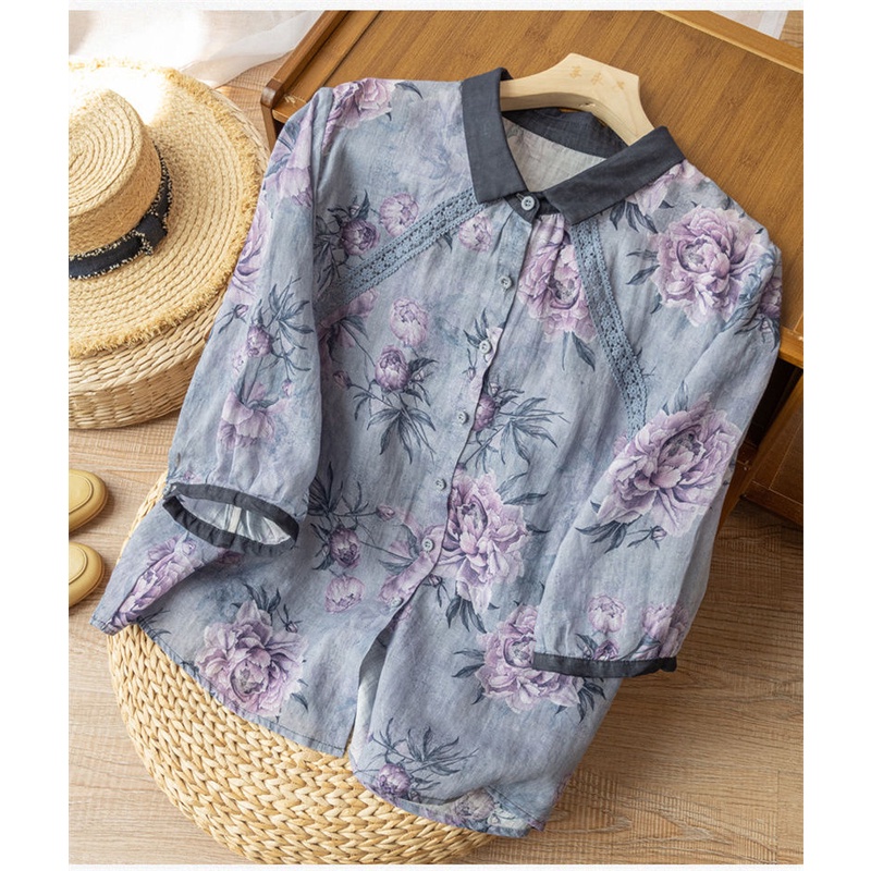 ICE cotton and linen Japanese retro printed shirt summer top high-end foreign trade export tail single Ramie women's loose artistic cotton and linen