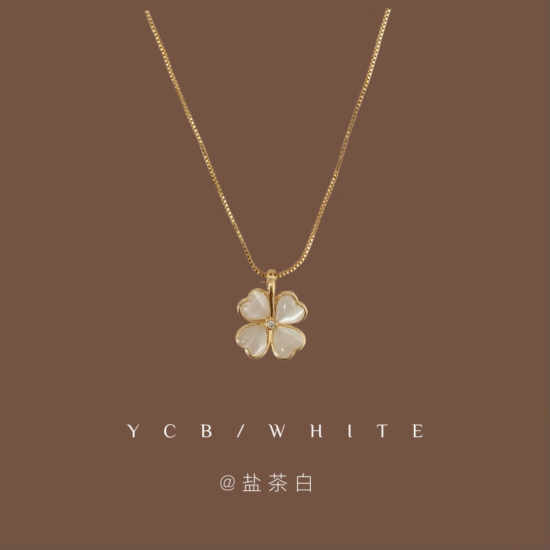 Dây Chuyền Mặt Cỏ Bốn Lá Đính Đá Mắt Mèo Sang Trọng