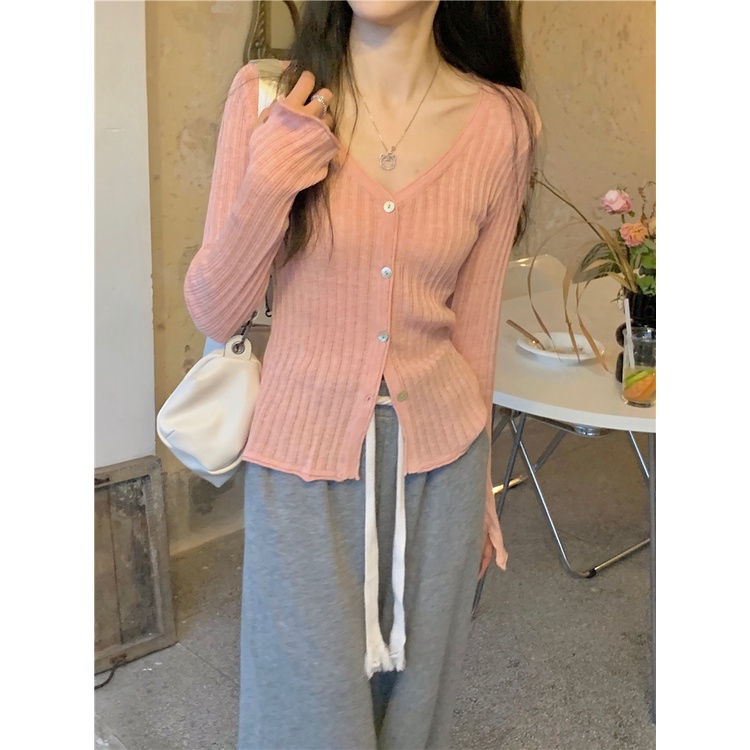Áo Cardigan Dệt Kim Mỏng Cổ Chữ V Cài Nút Phong Cách Hàn Quốc Thân Thiện Với Da Mùa Thu Cho Nữ