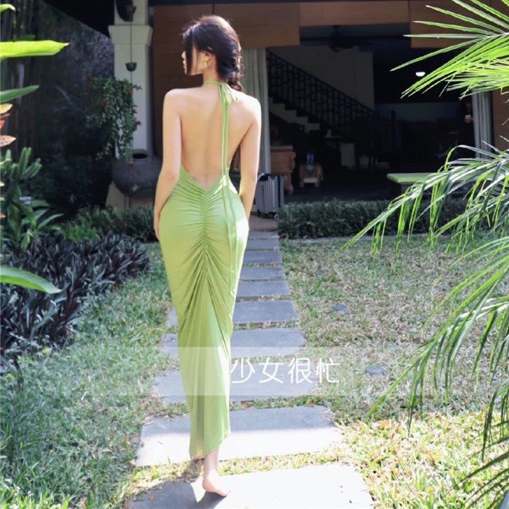 New Sexy Hot girl hip beauty holiday dress stretch beach Dew dress backless hanging neck figure long skirt LLWZ