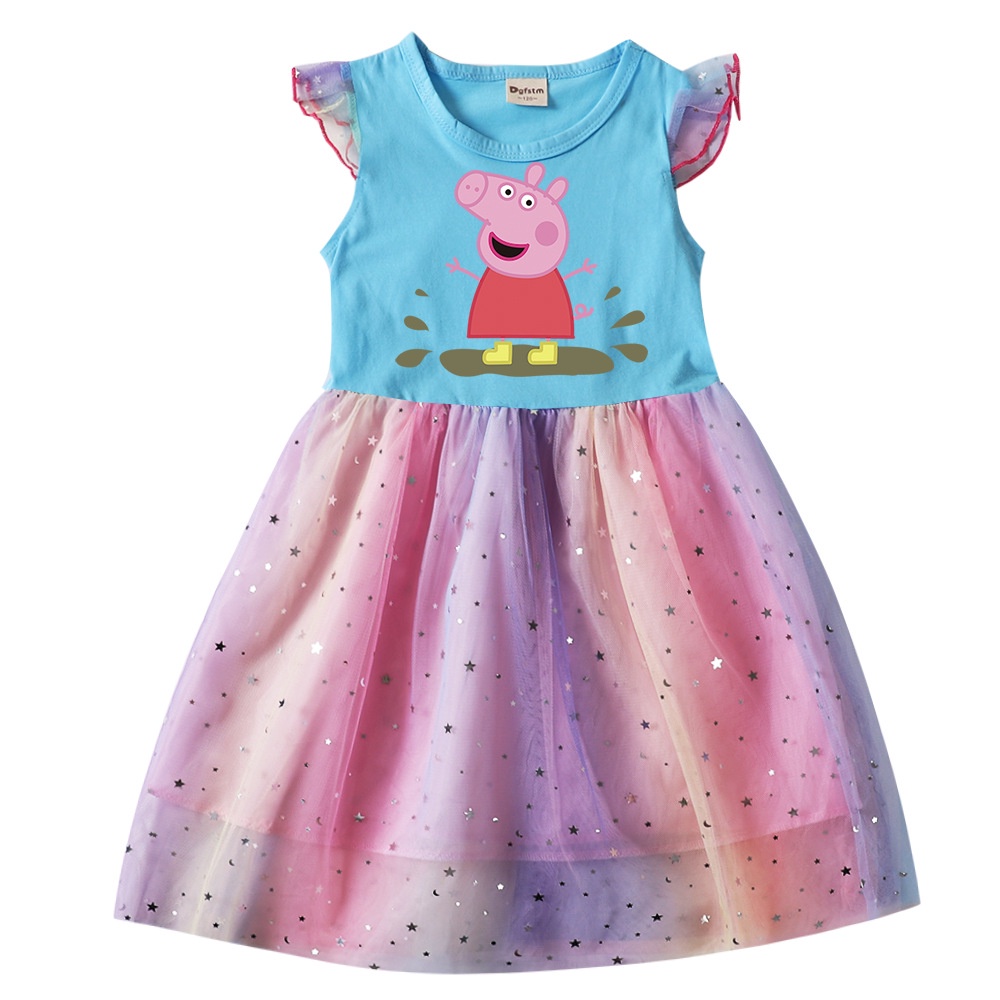 Đầm Cotton + Sequin + Áo Thun Tay Ngắn Cổ Tròn Họa Tiết Hoạt Hình Peppa Cho Bé Gái