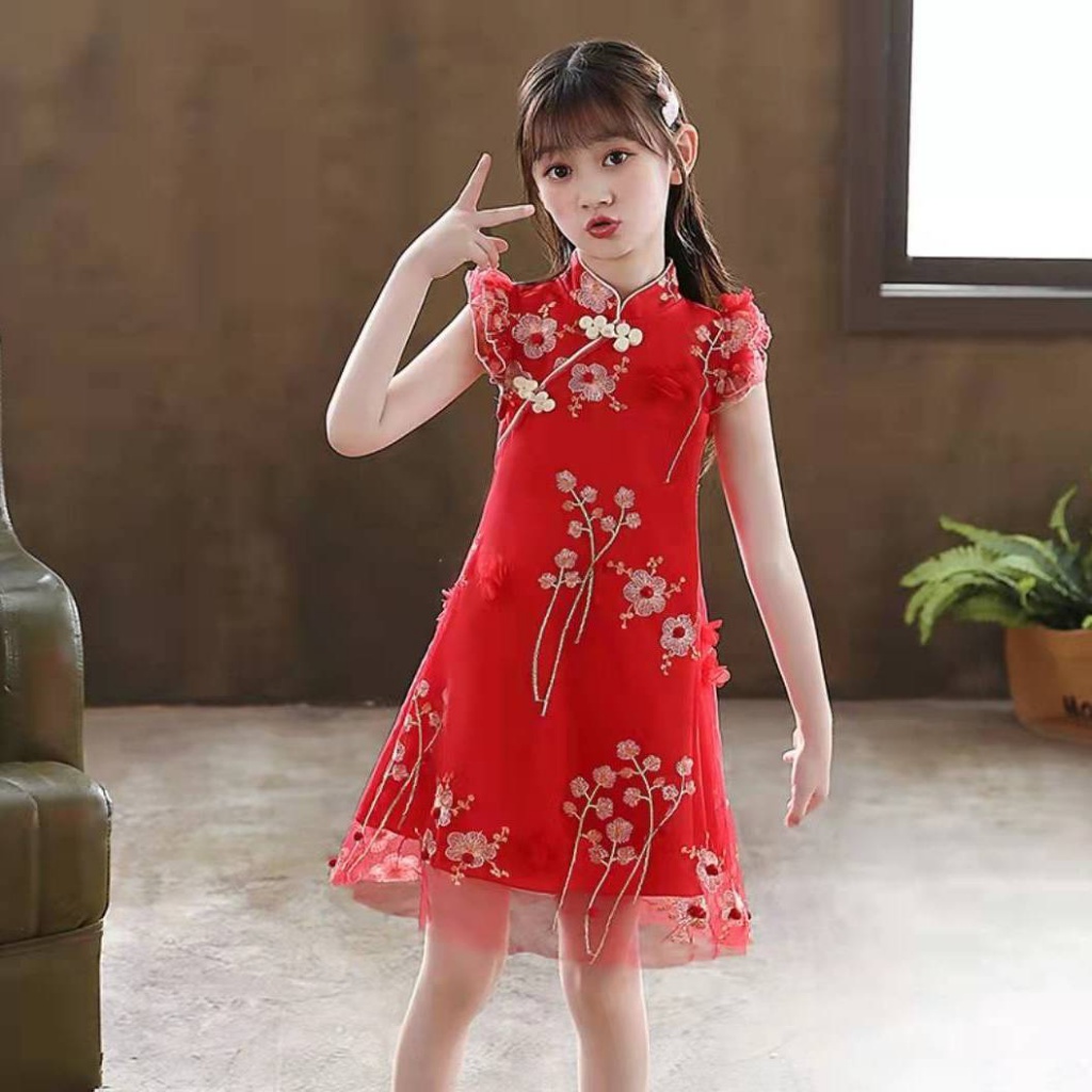 Đầm Sườn Xám Vải Tuyn Tay Ngắn In Hình Bướm Kiểu Trung Hoa Thời Trang Mùa Hè 2023 Cho Bé Gái