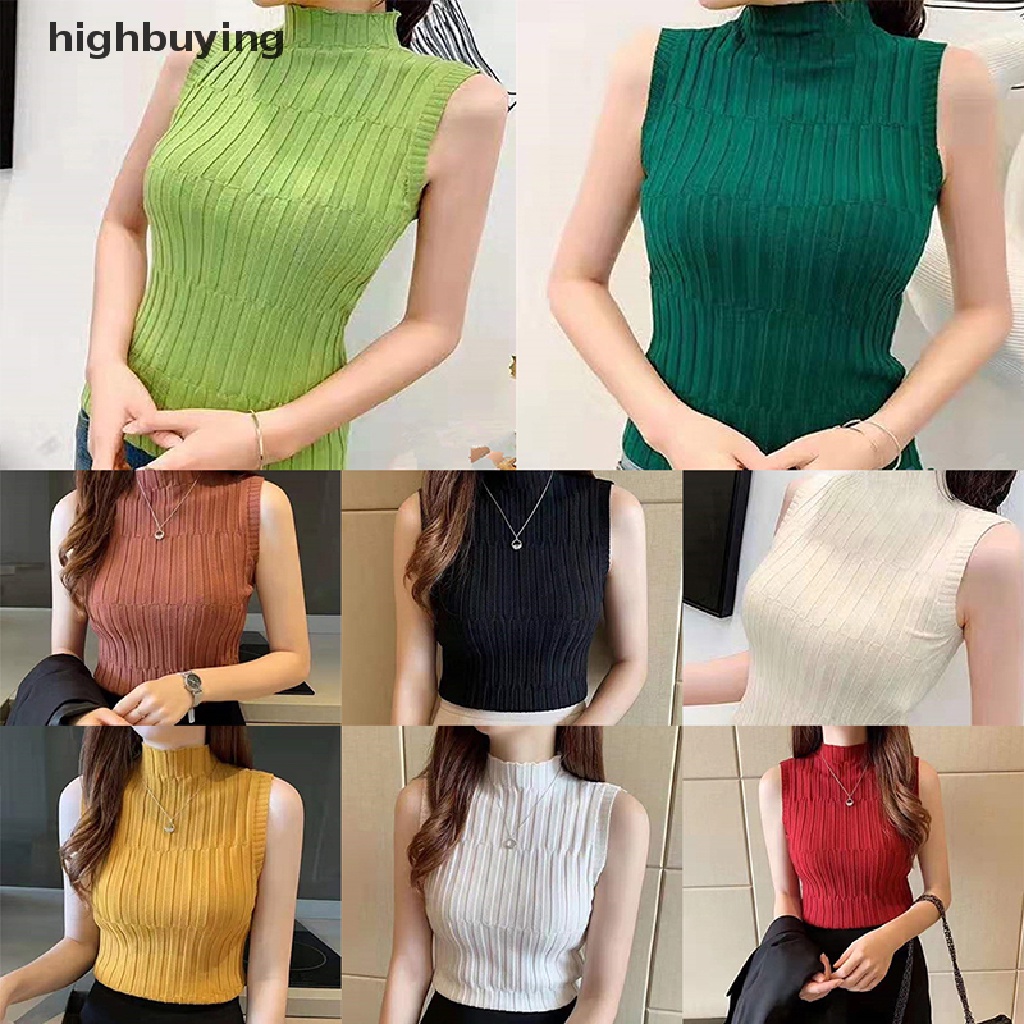 Áo Dệt Kim Sát Nách Cổ Lọ Màu Trơn Thời Trang Mùa Hè Cho Nữ