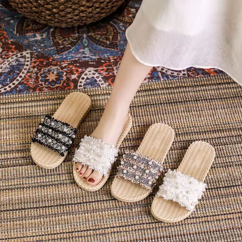 Dép nhựa giả cói quai ngang đính hạt lấp lánh vintage - thích hơp đi biển, mang trong nhà - JOLII.SG