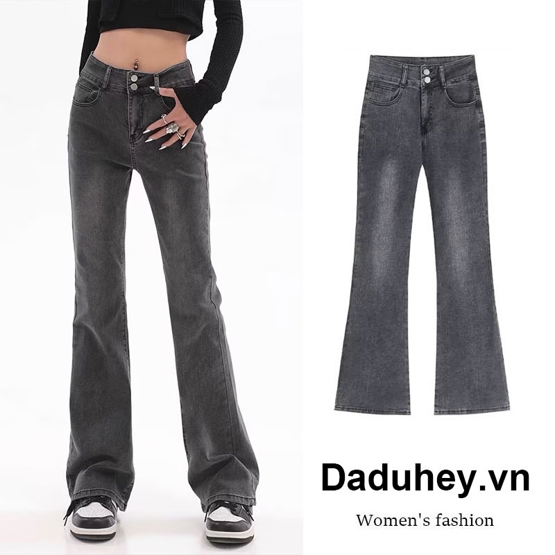 DaDuHey New Korean Version of Elastic Black Gray Jeans High Waist Trousers WOMEN'S Niche Micro Flared Trousers