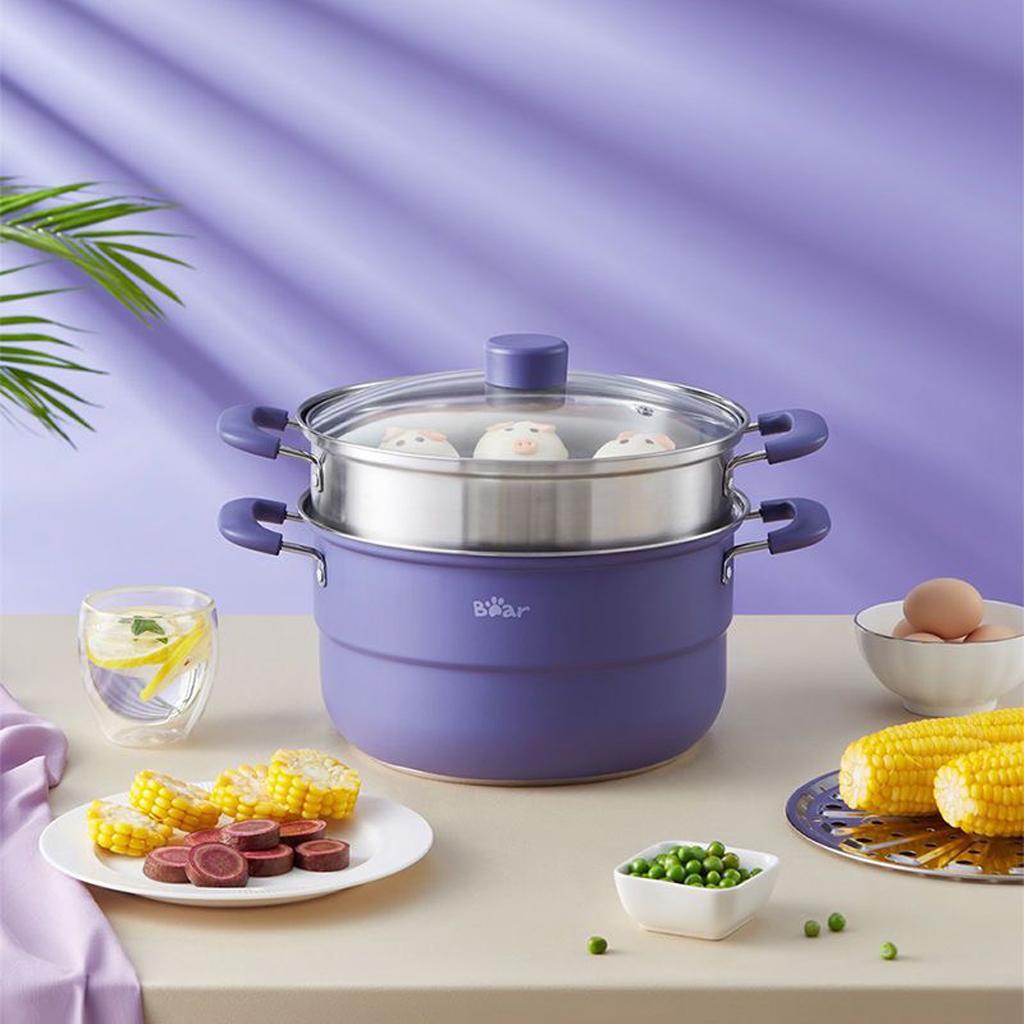 Nồi hấp 3 tầng Inox BEAR CP-G0002-S01, Mầu tím đa chắc năng có giá hấp, Chính hãng
