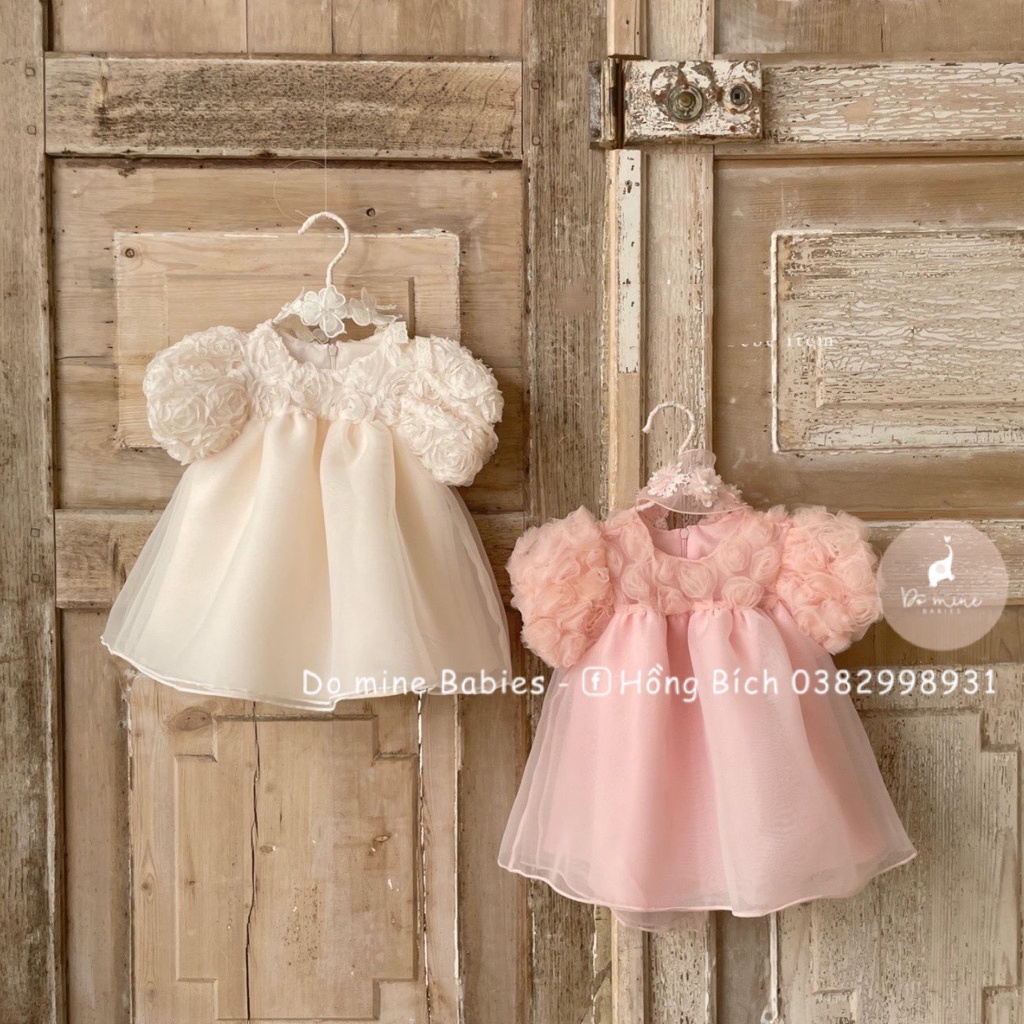Váy đầm công chúa cho bé gái thiết kế bánh bèo tay phồng hoạ tiết hoa hồng tiểu thư xinh xắn đi dự tiệc cho bé 7-13kg
