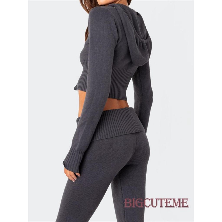 Set Đồ Mùa Thu 2 Món Gồm Áo Tay Dài Có Khóa Kéo + Quần Ống Loe Màu Trơn Cho Nữ