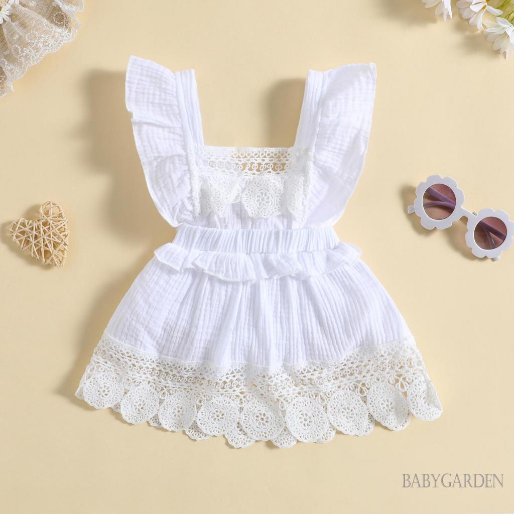 Áo Liền Quần Cổ Vuông Tay Cánh Tiên Phối Ren Dễ Thương Cho Bé Gái 0-24 Tháng Tuổi