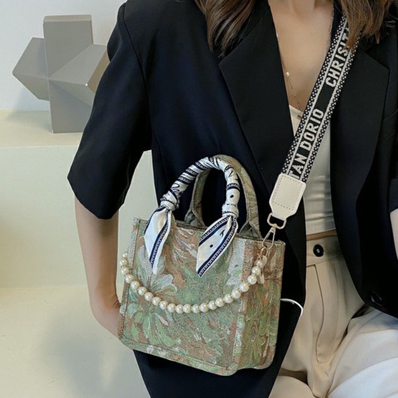 Ielgy Túi Xách Lụa Đeo Vai Sức Chứa Lớn Họa Tiết Tranh Sơn Dầu Đính Ngọc Trai Có Dây
