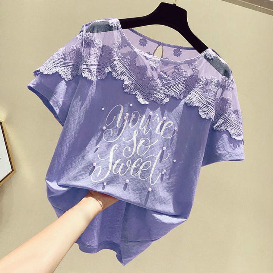 Áo Thun Tay Ngắn Phối Ren Đính Hạt Thời Trang Hàn Quốc 2023 Cho Nữ