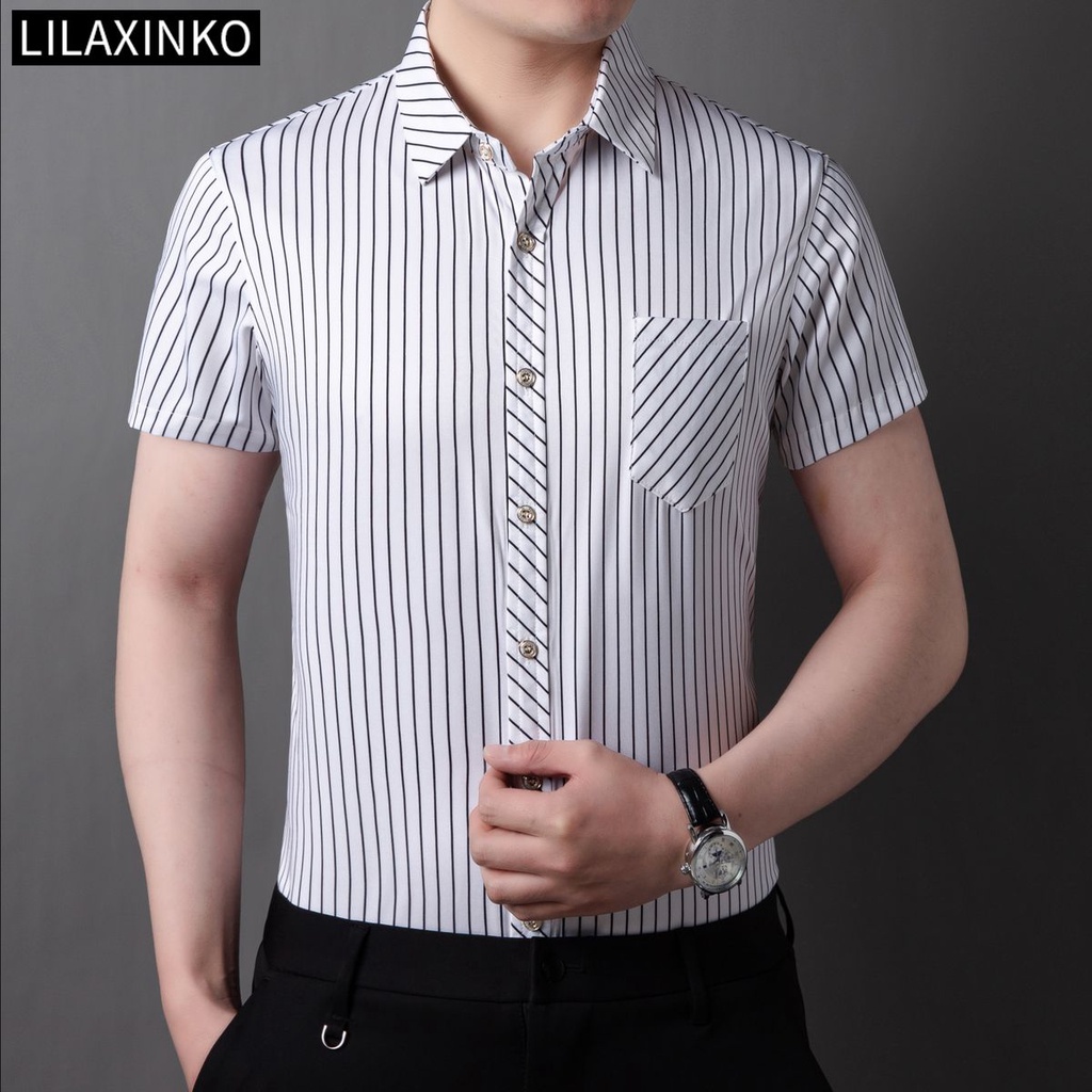 Áo Sơ Mi Tay Ngắn Kẻ Sọc Có Túi 2 Màu Chất Lượng Cao Thời Trang Cho Nam
