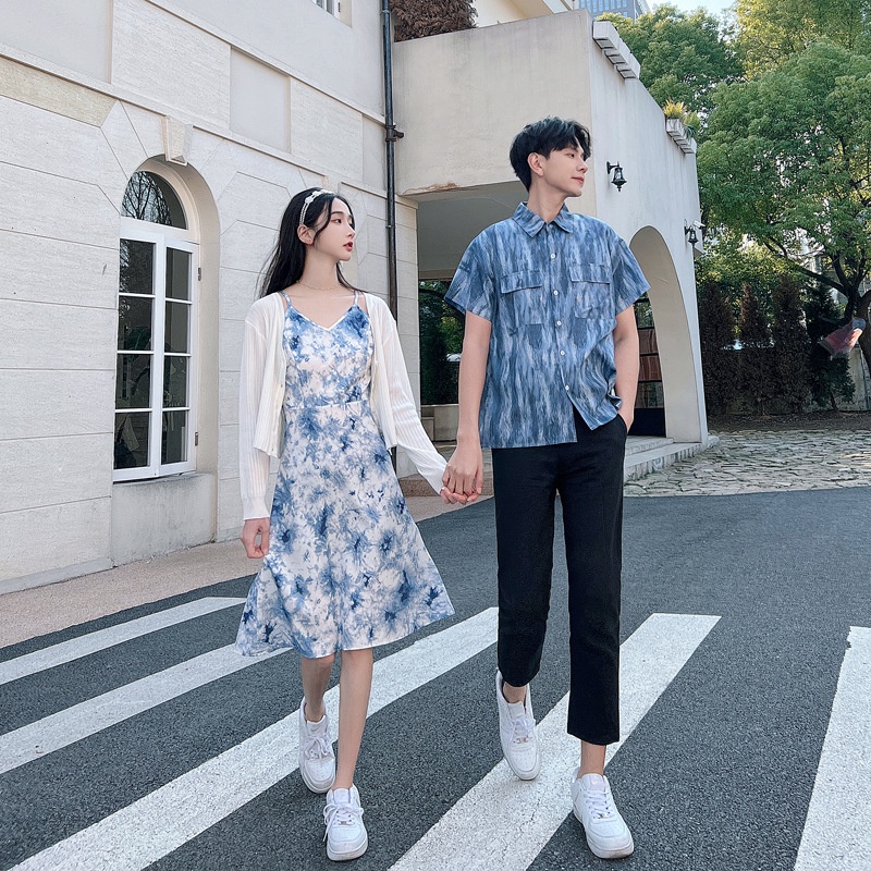 Bộ Áo Sơ Mi Tay Ngắn + Đầm Hai Dây Dáng Dài Thời Trang Đi Biển 2023 Cho Cặp Đôi đồ bộ đôi
