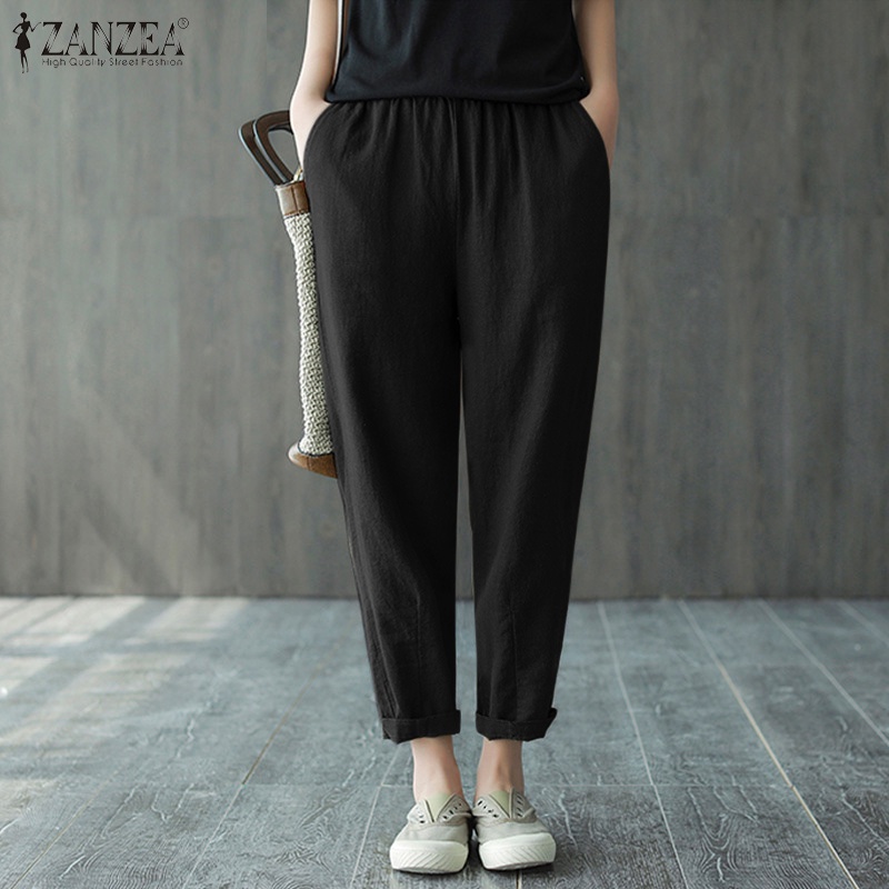 Quần dài ZANZEA lưng thun màu trơn phong cách Hàn Quốc thời trang cho nữ
