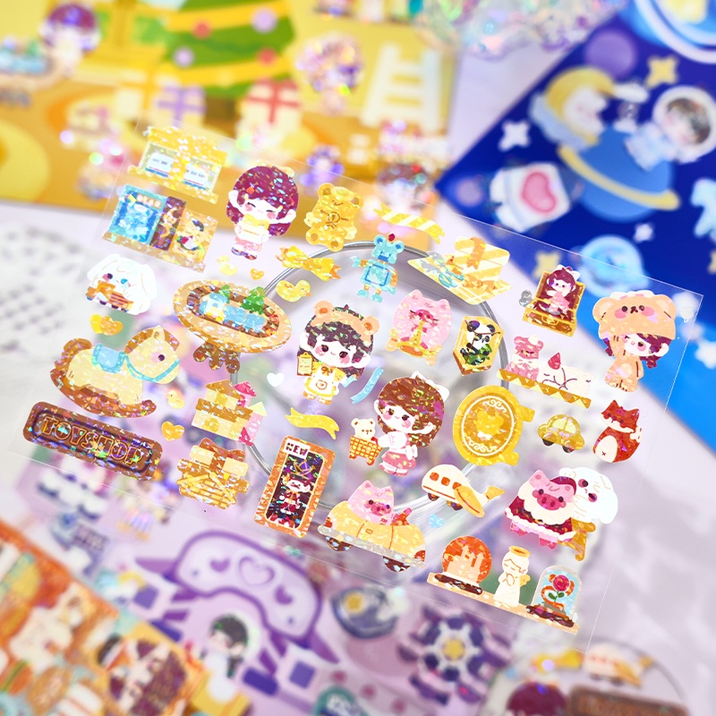 Miếng dán màu laser lấp lánh họa tiết hoạt hình chống nước trang trí sổ tay DIY