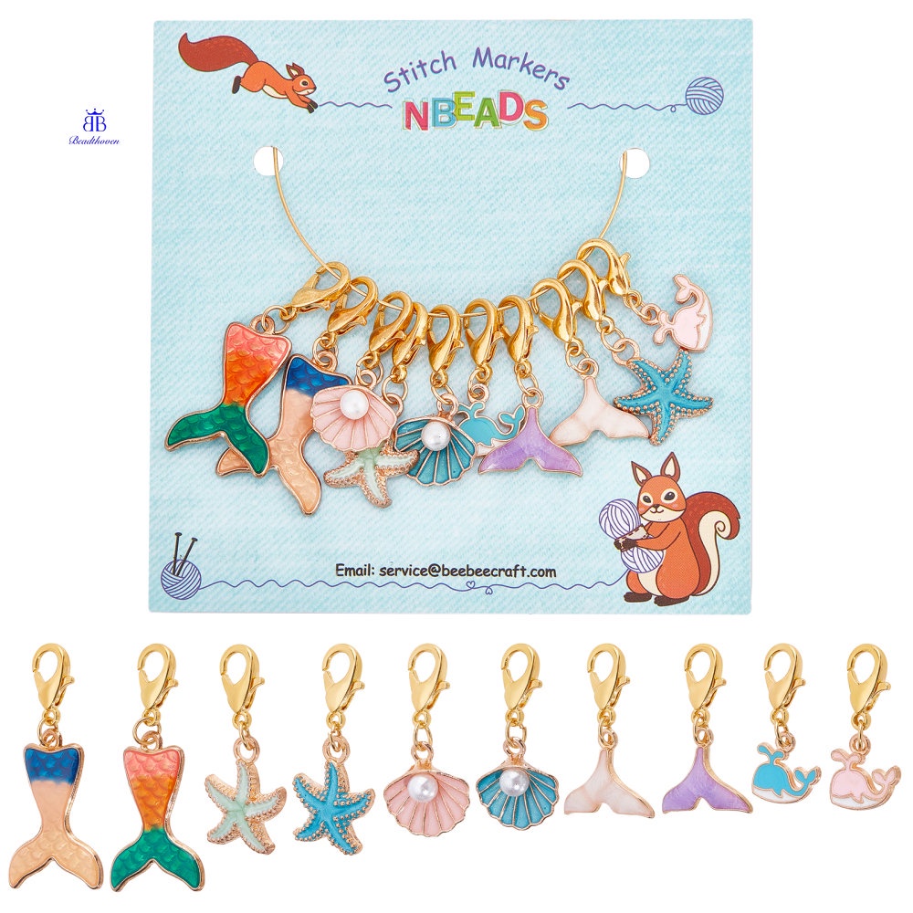 1Set 10 Pcs Ocean Theme Stitch Markers 10 Styles Starfish/Whale/Shell Alloy Enamel Crochet Stitch Marker Charms Locking Stitch Marker for Knitting Weaving Sewing Accessories