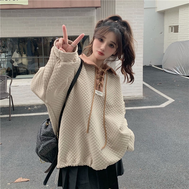 IELGY   Áo sweater Tay Dài Dáng Rộng Màu Sắc Đối Lập Phong Cách Hàn Quốc Dễ Phối Đồ Cho Nữ