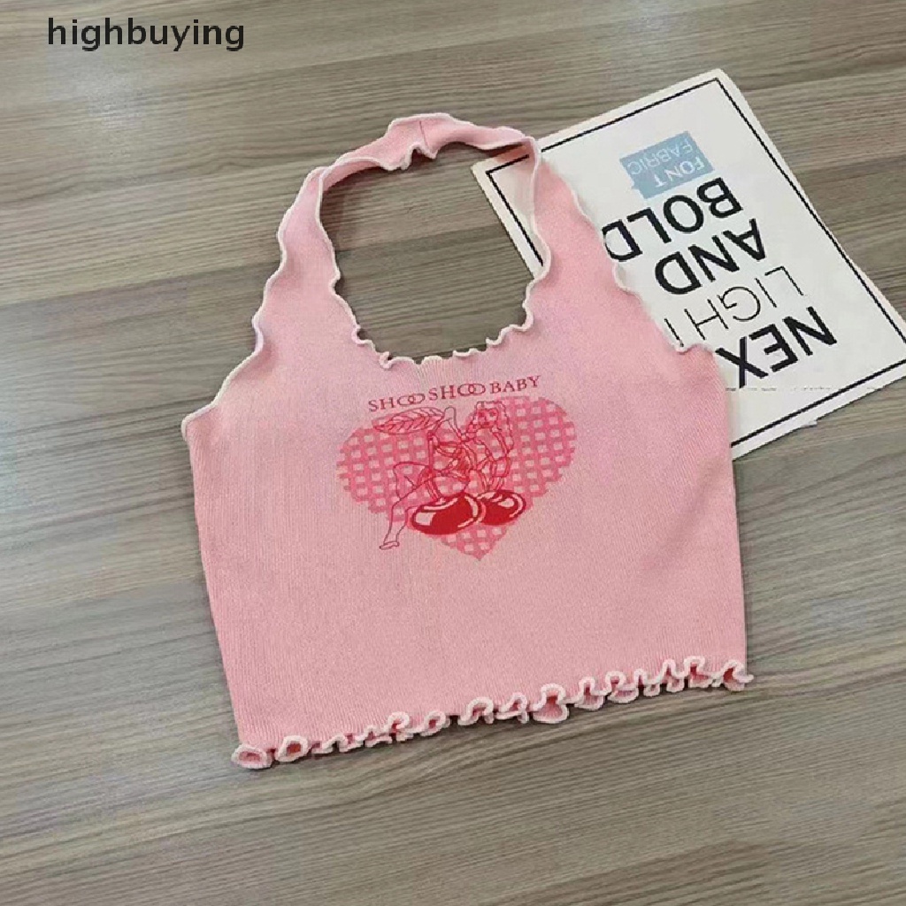 Áo Croptop Hai Dây Dệt Kim Y2K Dáng Ôm In Họa Tiết Trái Tim Xinh Xắn Thời Trang Mùa Hè Cho Nữ